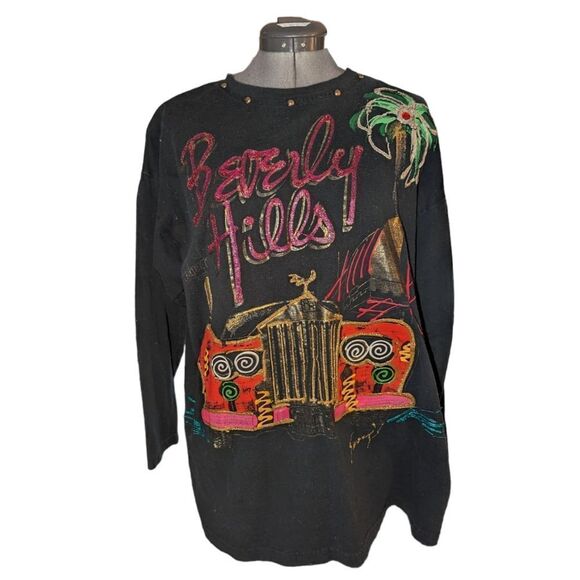 Vintage‎ Beverly hills puffy paint glitter explosion black top - Picture 1 of 10